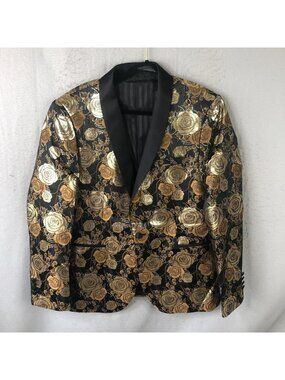 HI-TIE Tuxedo Jacket Mens L Gold Black Floral Rose Party Wedding Blazer